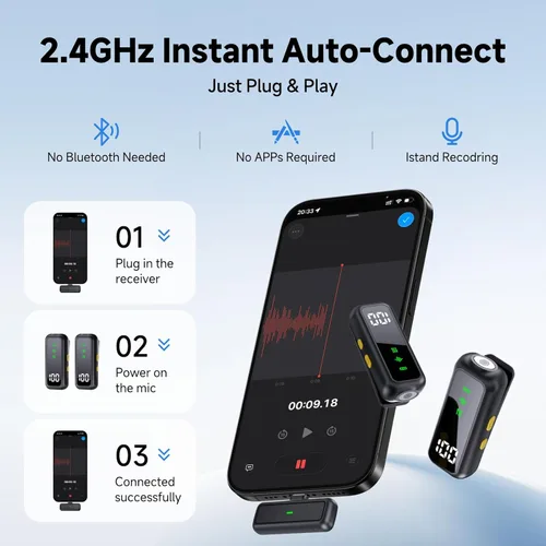 Miniatura 5 de Micrófono lavalier inalámbrico para iPhone 15, 16, 17 Pro, teléfono Android, mini micrófonos, batería de 130 pies y 48 horas, sistema de micrófono