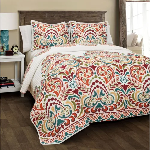 Lush Decor Clara Quilt - Juego de ropa de cama reversible de 3 piezas, tamaño King, turquesa y mandarina Turquiosa y mandarina