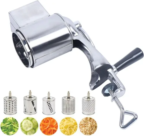 Rallador, rallador rotativo de queso, cortador de verduras de cocina con 5 cuchillas intercambiables, fácil de limpiar, para frutas, verduras, nueces