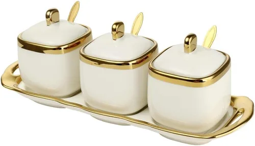 Miniatura 2 de Tarro de condimentos de porcelana con bandeja, cuchara de cerámica y tapa, recipiente de condimentos de cerámica para especias y azúcar, caja