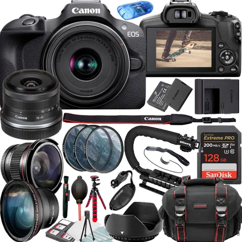 Canon Cámara sin espejo EOS R100 con kit de video de lente de 0.709-1.772 in + filtros + estuche + tarjeta de memoria de 128 GB + agarre de cámara