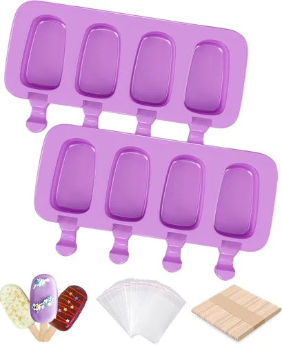 Miniatura 8 de Ouddy moldes de silicona para paletas con tapa, 2 moldes para paletas para niños, 4 cavidades, moldes ovalados para helados con 50 palitos