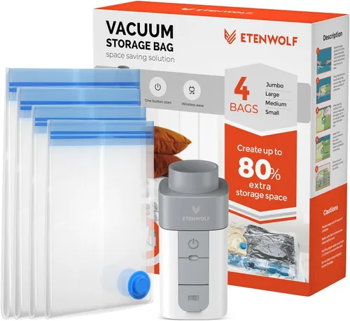 Miniatura 12 de ETENWOLF Paquete de 4 bolsas de almacenamiento al vacío con bomba inalámbrica recargable, bolsas de sellado al vacío para ropa y viajes, bolsas