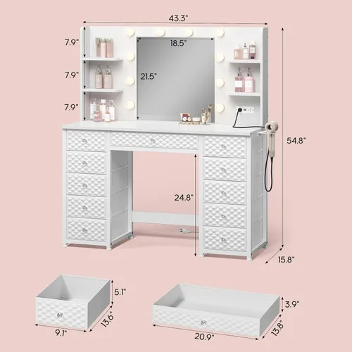 Miniatura 2 de HAUOMS Tocador con luces y espejo, tocador de maquillaje de 11 cajones con tira de alimentación, 6 estantes abiertos, escritorio de tocador de 43.3