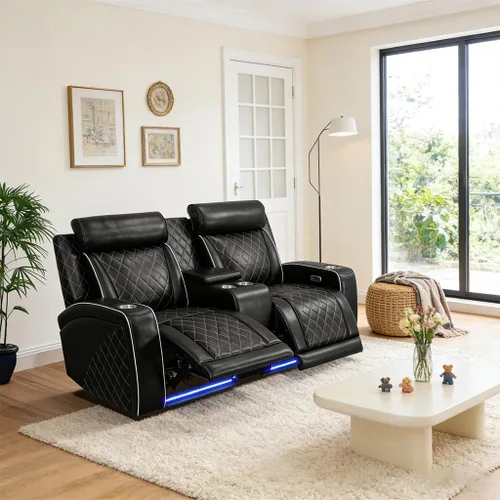 Miniatura 43 de Juego de sofá reclinable de cuero eléctrico con LED, juego de sala de estar de cuero, juego de sofá reclinable con puerto USB/soporte