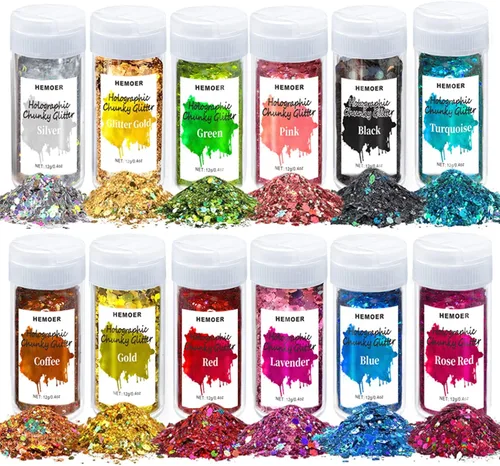 HEMOER Purpurina Gruesa Holográfica, 12 Colores de Lentejuelas Brillantes, Conjunto de Purpurina de Poliéster Exclusivo Mixto para Resina Epoxi,