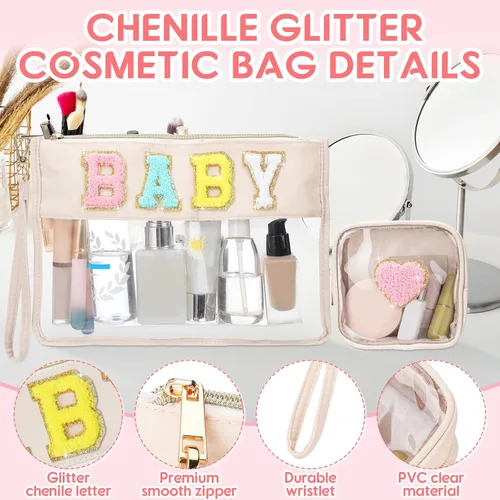 Miniatura 7 de Hillban Juego de 2 bolsas de bebé de chenilla, bolsas de letras de chenilla, bolsa de maquillaje, bolsa de viaje para bebé, impermeable, portátil