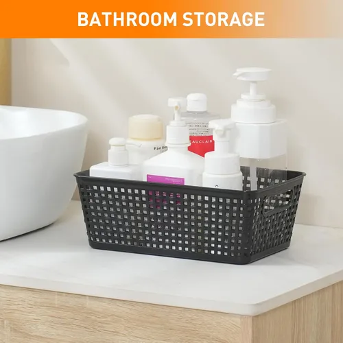 Miniatura 9 de Cestas de almacenamiento de plástico con tapa, contenedores de almacenamiento para organizar, contenedores decorativos apilables para estantes, Negro
