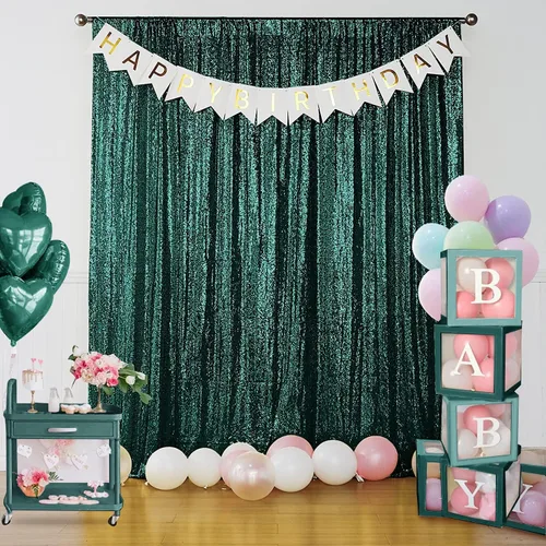 Miniatura 7 de Sugargirl - Cortina de fondo de lentejuelas verde oscuro de 4 paneles de 2 x 8 pies, cortinas de fondo de purpurina verde oscuro, brillantes