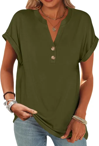 Miniatura 19 de ANRABESS - Camisetas Henley de manga corta para mujer, cuello en V, elegantes, estilo informal, de corte suelto; blusas fluidas de verano, ropa