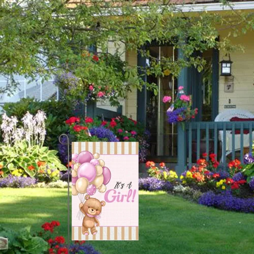 Miniatura 8 de Bandera de jardín con texto en inglés "It's A Girl" de doble cara de 12 x 18 pulgadas, globos de oso de peluche para bebé niña, decoración de patio
