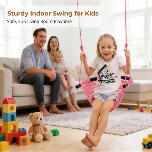 Miniatura 7 de JKsmart Asiento de columpio para niños de servicio pesado con cuerda de juego, juego de columpio seguro para niños, perfecto para interiores, Rosa