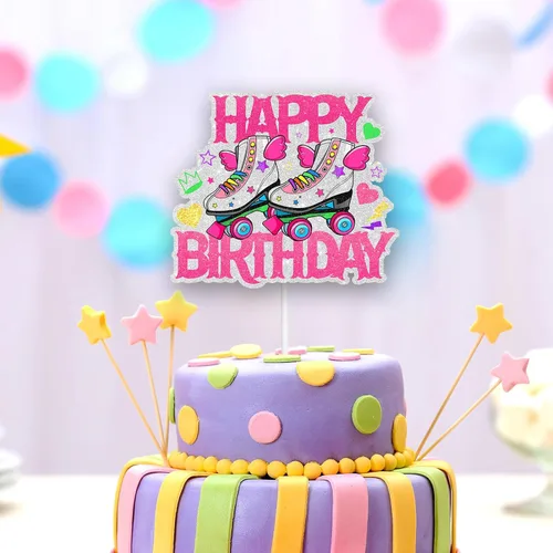 Miniatura 3 de Skate Happy Birthday Cake Topper Wing Roller Skate - Juego temático de cumpleaños para decoración de pasteles para niños o niñas, decoración retro