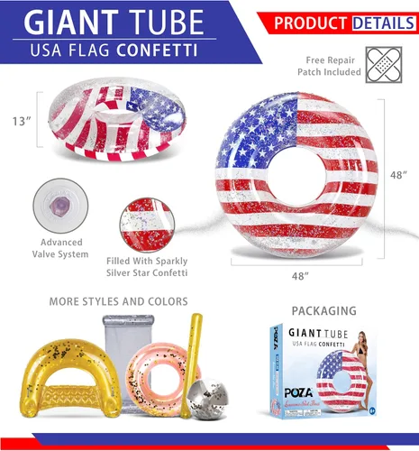 Miniatura 2 de POZA Flotador inflable de piscina de Estados Unidos – Lujosa tumbona divertida llena de confeti de estrellas plateadas brillantes, diseño de bandera