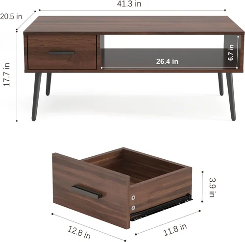 Miniatura 3 de HAIOOU - Mesa de centro de mediados de siglo moderna, mesa de café para sala de estar con almacenamiento, mesa de té de nogal con cajón, estante