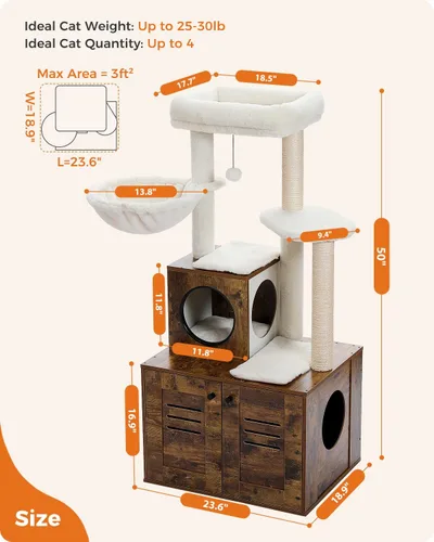 Miniatura 8 de MUTTROS Árbol para gatos con recinto para caja de arena, árbol moderno de 50" para gatos grandes/gordos con condominio para gatos, muebles de madera