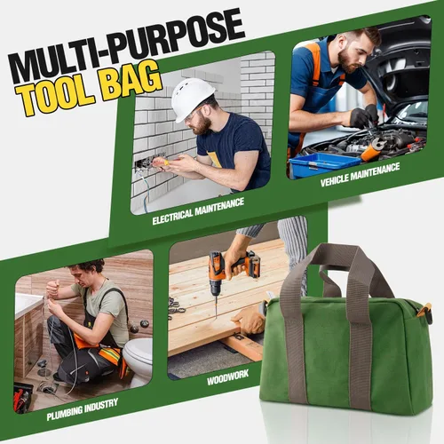 Miniatura 7 de Bolsa de herramientas pequeña de 12 pulgadas, bolsa de almacenamiento de herramientas de lona, gran capacidad, multiusos, con cremallera, bolsa Verde