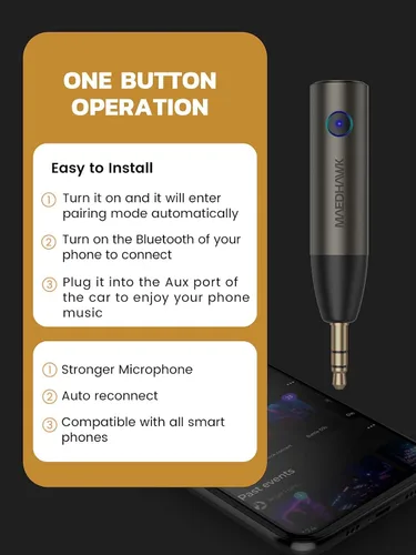 Miniatura 5 de MaedHawk Adaptador auxiliar Bluetooth 5.4 para automóvil, receptor de audio inalámbrico de 0.138 in para automóvil micrófono mejorado integrado
