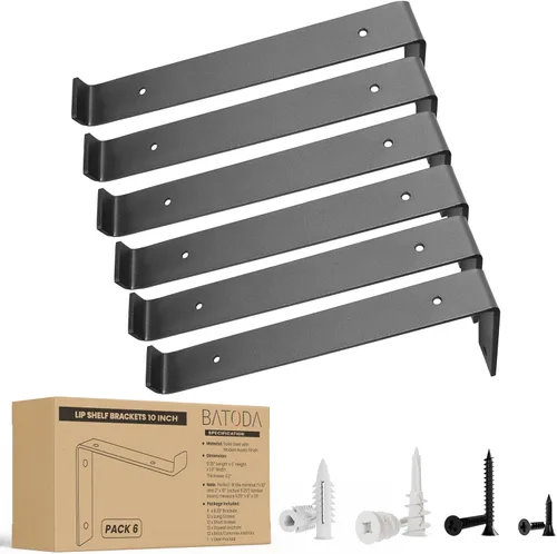 BATODA Soportes de estante de 10 pulgadas con borde (tablero de 9.25 pulgadas), 6 soportes de estante Z color negro, soportes de gancho resistentes