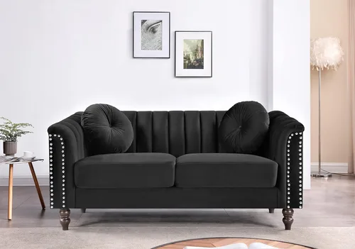 Miniatura 10 de Container Furniture Direct Juego de 2 piezas de sofá de terciopelo copetudo con cojines extraíbles y patas de madera torneada, elegantes muebles