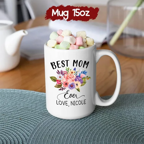 Miniatura 6 de Taza de café con nombre personalizado "Best Mom Ever", regalos para cumpleaños, regalos de niños, taza de café floral personalizada, regalo