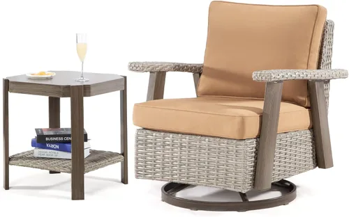 Miniatura 13 de Joyside Silla de patio con mesa auxiliar, juego de muebles de mimbre para patio, 2 piezas, silla mecedora giratoria de 360 grados para exteriores