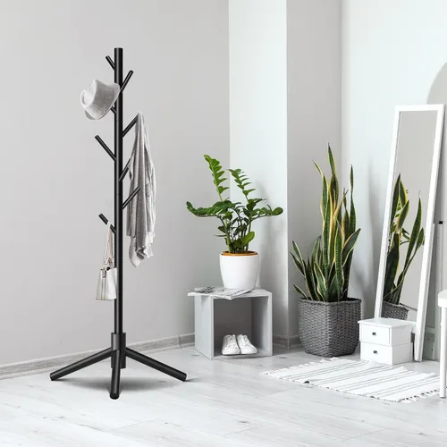 Miniatura 3 de Unisakey Perchero de madera duradero, perchero independiente con base triangular estable, 8 ganchos y 3 alturas ajustables, montaje simple para Negro