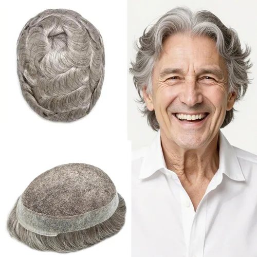 Miniatura 46 de Sistema de reemplazo de cabello de encaje francés para hombre, piezas de cabello de aspecto natural, color negro, marrón, rubio, gris, protesis