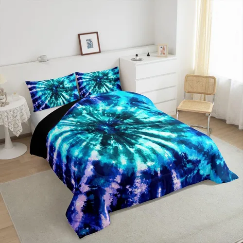 Miniatura 6 de Erosebridal Juego de edredón de teñido anudado psicodélico en espiral, tamaño individual, juego de ropa de cama bohemio con remolinos de acuarela