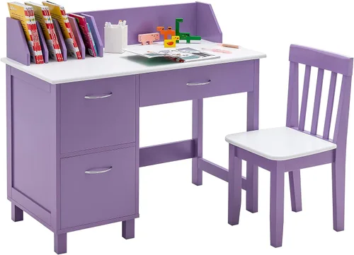 Miniatura 11 de Costzon Juego de escritorio y silla para niños, escritorio de estudio de madera para estudiantes con aparador, cajón de almacenamiento y gabinetes