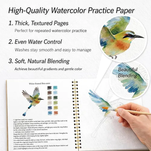 Miniatura 5 de Libro de trabajo de acuarela para principiantes – pájaros, 16 proyectos originales de acuarela, libro de papel de acuarela plano