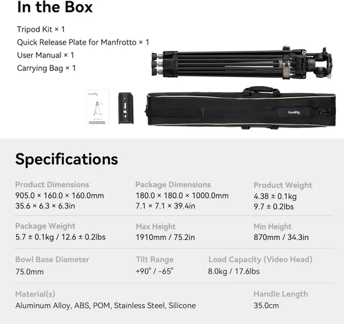 Miniatura 9 de SmallRig AD-80 FreeBlazer - Sistema de trípode de video resistente, 75 pulgadas de alto, cabezal fluido, ajuste de altura de un solo paso, placa QR