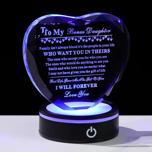 Bluebook Regalos de cumpleaños para hija de mamá y papá, placa de cristal en forma de corazón con base LED multicolor, recuerdo de grabado láser de