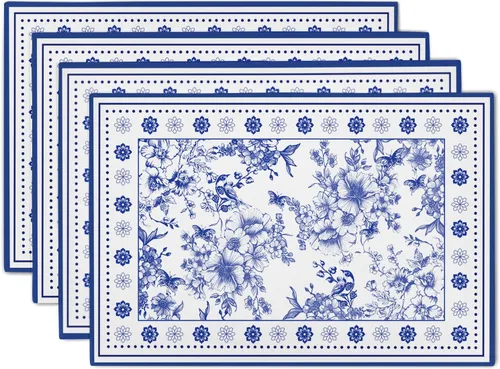 Juego de 4 manteles individuales florales de color azul marino, manteles individuales lavables rústicos con flores para el hogar, cocina, comedor,