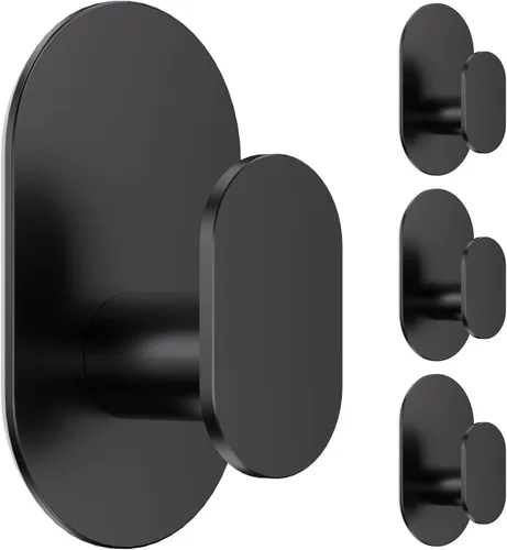 Aikzik Ganchos adhesivos para toallas, paquete de 4 ganchos de pared extra fuertes de 26 libras para colgar abrigos, batas, toallas, correas y Negro