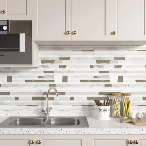 Miniatura 2 de Papel tapiz geométrico, color beige, marrón y blanco, papel tapiz para despegar y pegar, papel de contacto con rayas geométricas, papel de pared
