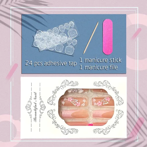 Miniatura 5 de Uñas postizas a presión de mariposa, uñas postizas largas de punta francesa con diseño de ataúd rosa, diamantes de imitación de flores, pegamento