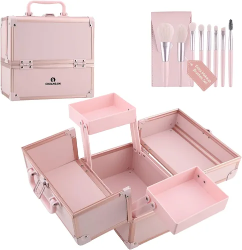 Miniatura 8 de Estuche de Maquillaje 2 Bandejas Caja Organizadora de Maquillaje Estuche de Maquillaje de Viaje Portátil con Cerradura Organizador de Almacenamiento