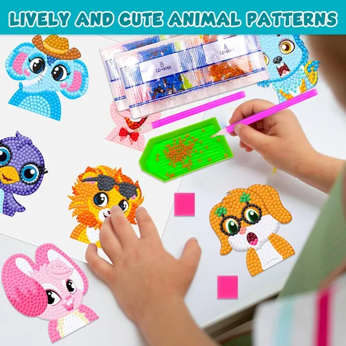 Miniatura 4 de Mczan Juego de 18 calcomanías de pintura de diamantes de animales para niños, kits de arte de gemas para artes y manualidades, kits de arte