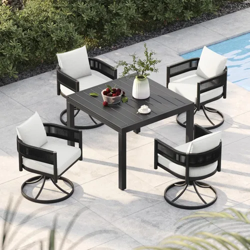 Miniatura 9 de Juego de comedor al aire libre Grand Patio de 5 piezas para 4, sillas de patio fijas de mimbre tejido metálico con cojines engrosados y 1 mesa