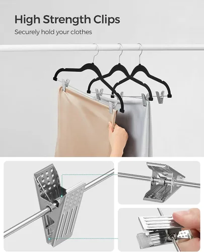Miniatura 7 de SONGMICS Paquete de 20 perchas para pantalones, perchas de terciopelo de 16.7 pulgadas de largo con clips ajustables, perchas resistentes