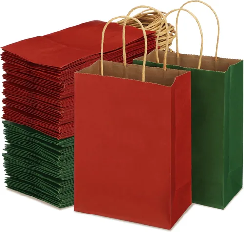 Miniatura 10 de Tenceur 100 bolsas de regalo de Navidad rojas y verdes, bolsas de papel kraft con asas, regalo de vacaciones para boda, baby shower, despedida