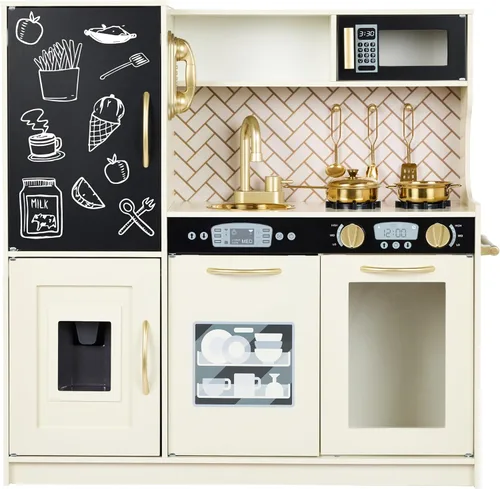 Miniatura 19 de Best Choice Products Juego de juguetes de madera para niños con diseño realista, teléfono, utensilios, horno, microondas, fregadero - negro