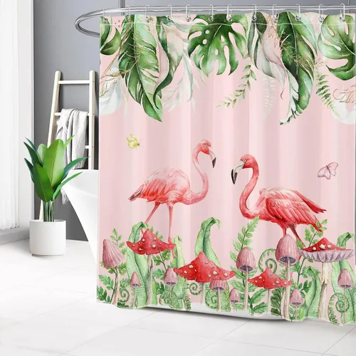 Miniatura 14 de Juego de cortinas de ducha de flamenco rosa, hoja verde salvia con hongo rojo, cortina de ducha para baño, cortina de ducha tropical de hoja