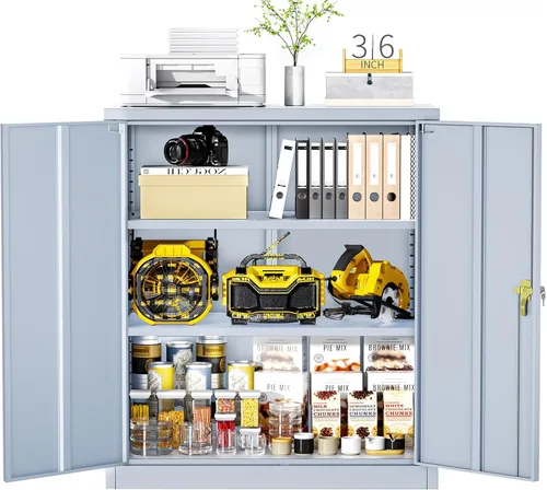 Miniatura 9 de Armarios de almacenamiento de metal Greenvelly blancos de 183 cm de garaje con puertas y estantes, organización de archivos de metal para oficina