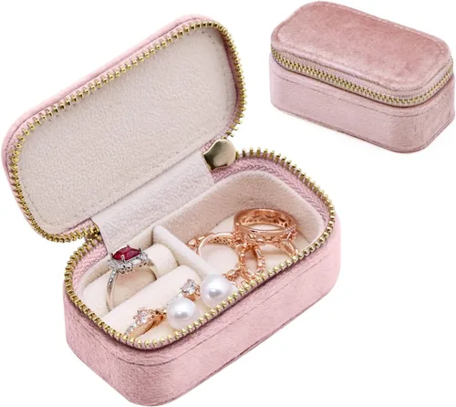 TAIMY Mini estuche de joyería de viaje, caja de joyería de viaje pequeña de terciopelo, caja organizadora de viaje portátil para anillos, aretes,