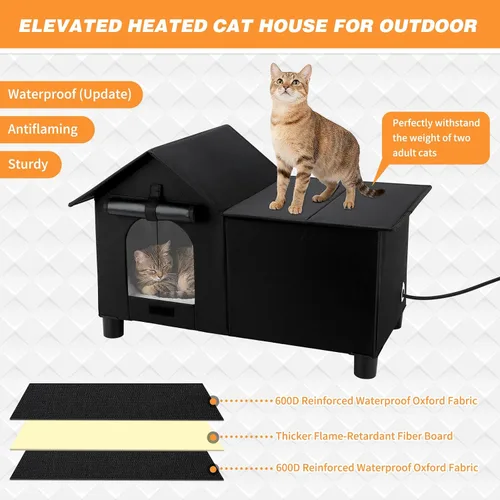 Miniatura 5 de Casa grande con calefacción para gatos para exteriores, casa elevada para gatos climatizada al aire libre, resistente a la intemperie, refugio