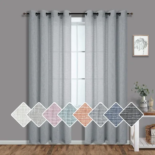 Cortinas blancas y grises de 84 pulgadas de largo para sala de estar, 2 paneles con ojales, cortinas semitransparentes de arpillera de lino con