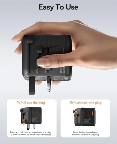 Miniatura 6 de ORICO Adaptador de viaje universal con 2 CA 2 USB-C y 1 conector USB-A, adaptador de corriente internacional PD 20W, cargador de pared esencial