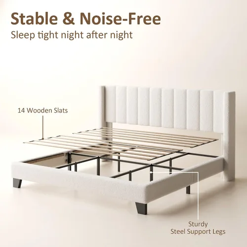 Miniatura 7 de Base de cama King con cabecero tapizado, base de cama con cabecera de terciopelo de peluche, soporte de listones de madera, diseño de borde de ala